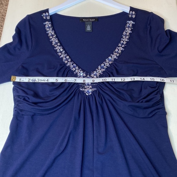WHBM Blue Beaded V Neck Top Size Medium - Picture 11 of 13